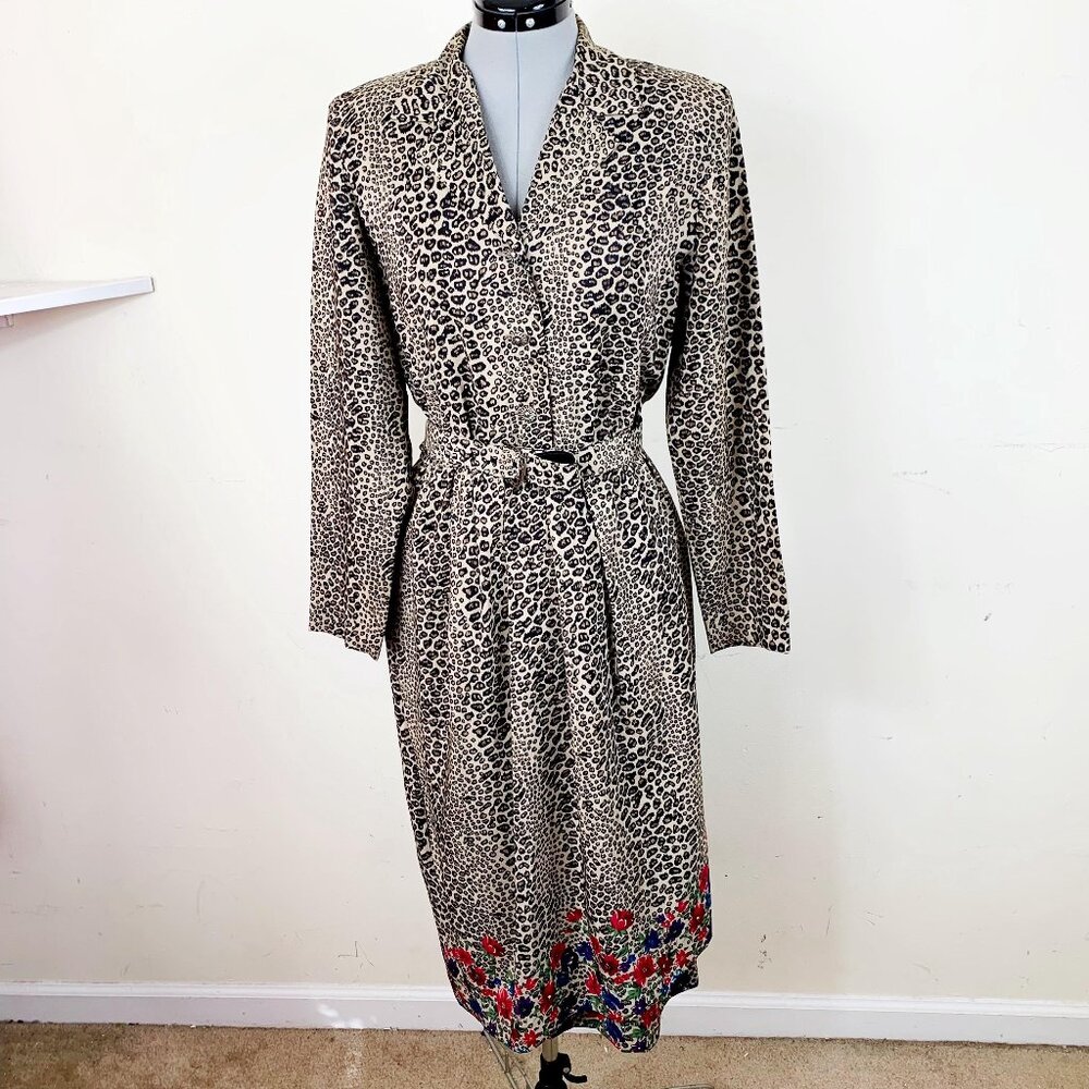 Vintage 90s Leslie Fay Animal Print Midi Shirtdress Size 10